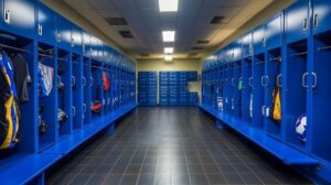 Blue soccer locker room with equipment stored in open lockers