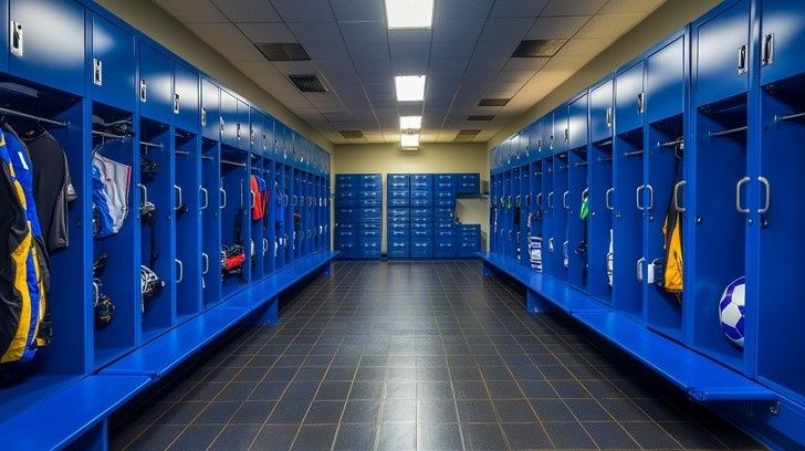 Blue soccer locker room with equipment stored in open lockers
